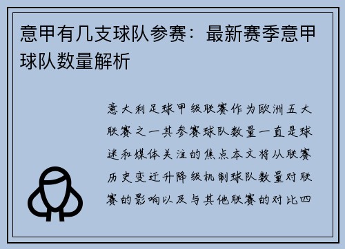 意甲有几支球队参赛：最新赛季意甲球队数量解析