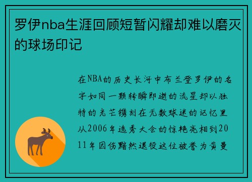 罗伊nba生涯回顾短暂闪耀却难以磨灭的球场印记